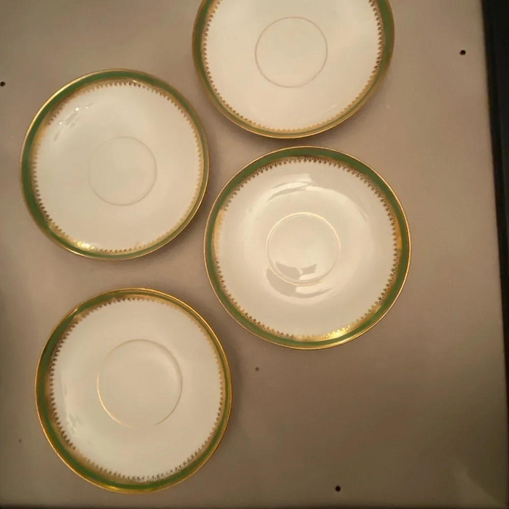D & C Limoges Elegant Gold and Green Rimmed Porcelain Saucer Set